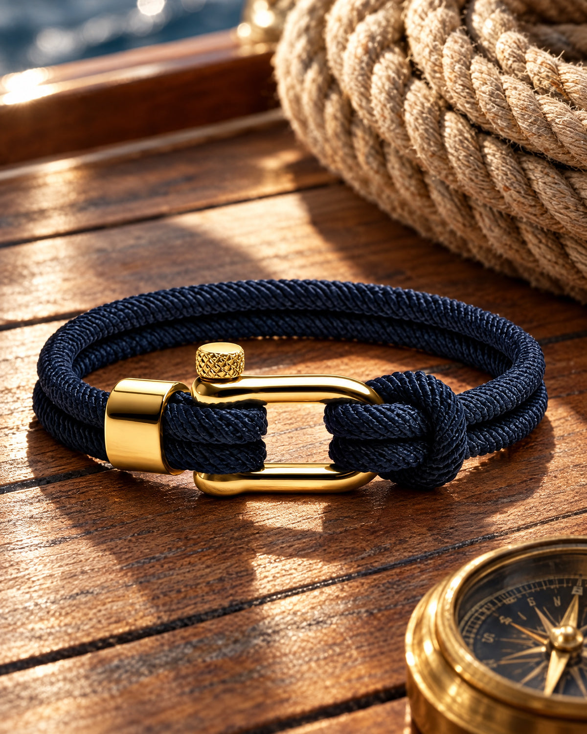 Pulsera Náutica Malibu Azul y Dorado, pulsera de cuerda de Studio Kyo® – foto de estudio sobre cubierta de barco