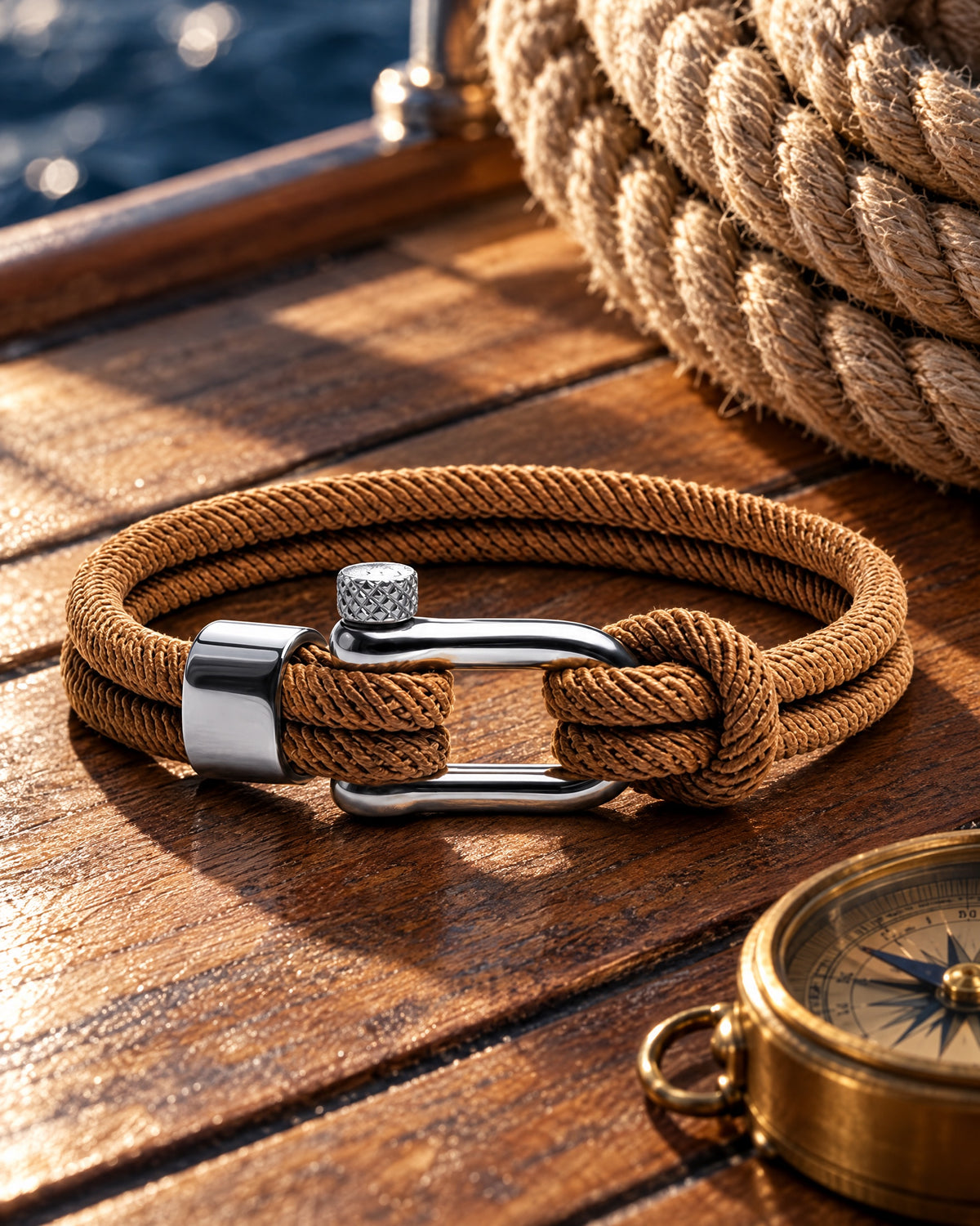 Pulsera Náutica Malibu Kaki, pulsera de cuerda de Studio Kyo® – foto de estudio sobre cubierta de barco