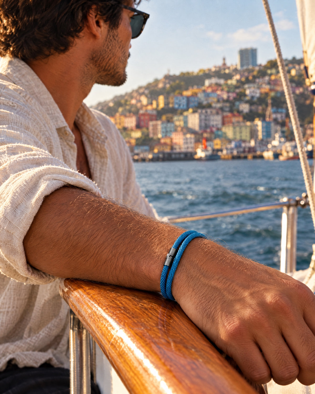 Pulsera Wave Azul, pulsera de cuerda de Studio Kyo® – puesta en la muñeca