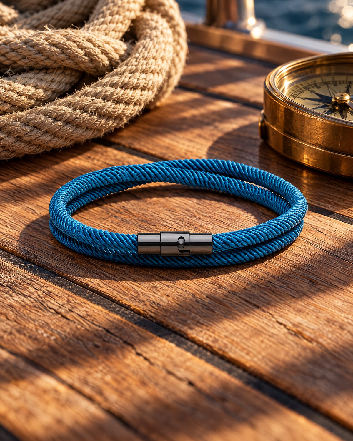 Pulsera Wave Azul, pulsera de cuerda de Studio Kyo® – foto de estudio sobre cubierta de barco
