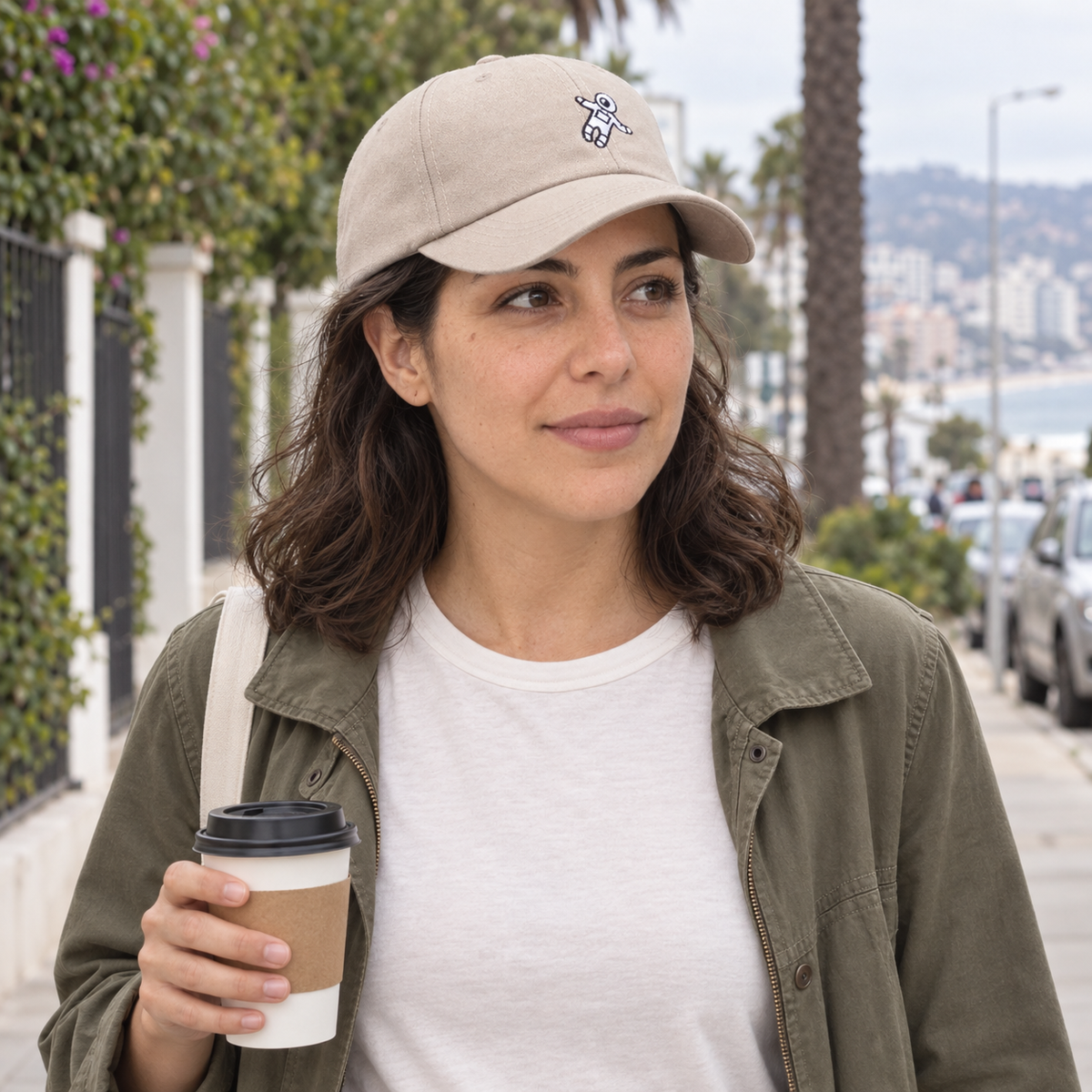 Gorro Astronauta beige en un look cotidiano de mujer inspirado en Viña del Mar.