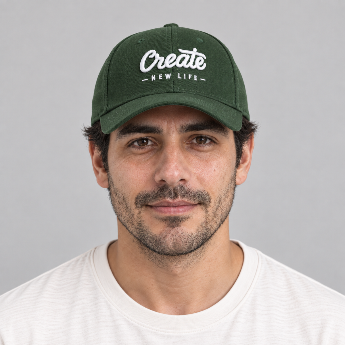 Gorro Create verde, vista frontal en modelo hombre