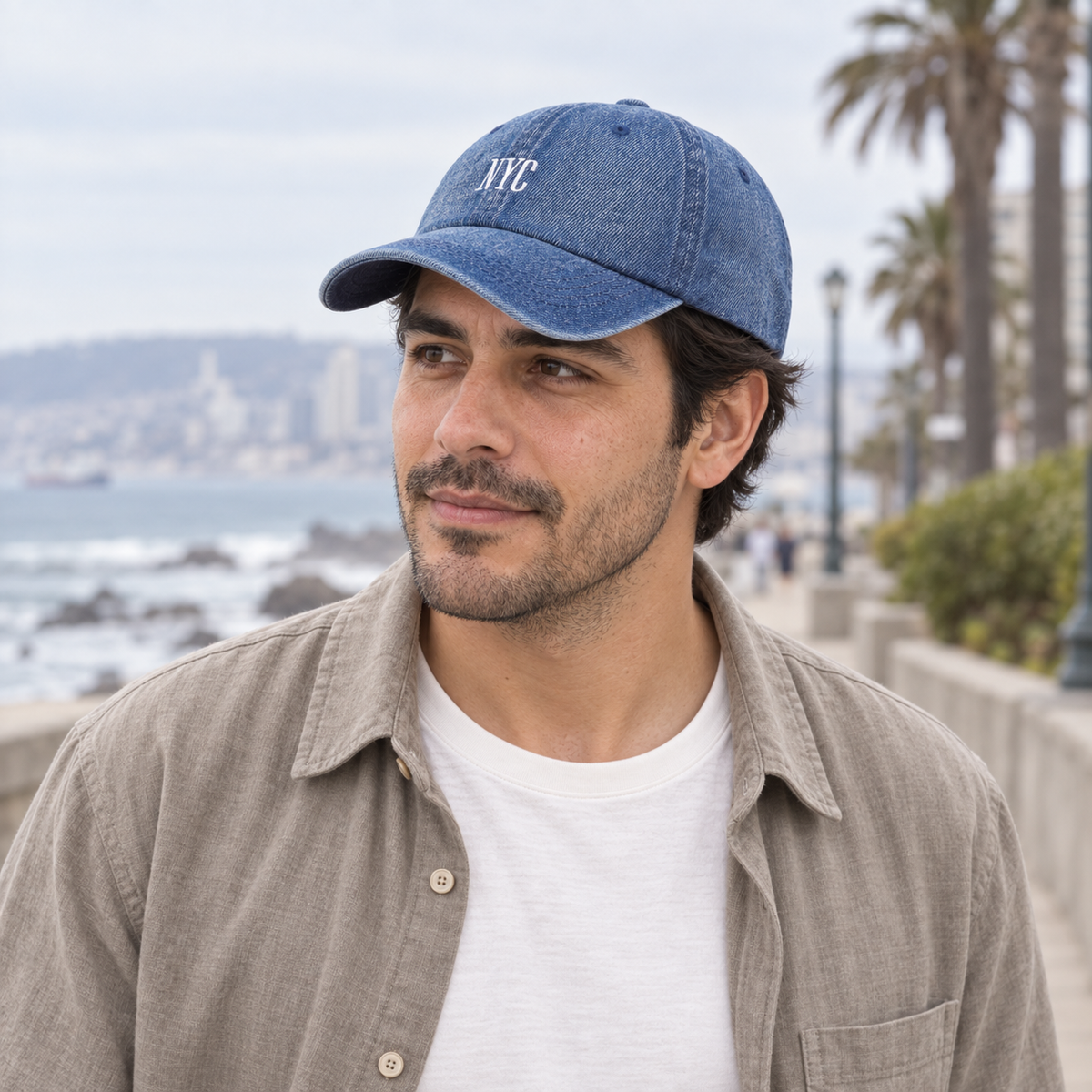 Gorro Denim NY azul, uso cotidiano en Viña del Mar en modelo hombre