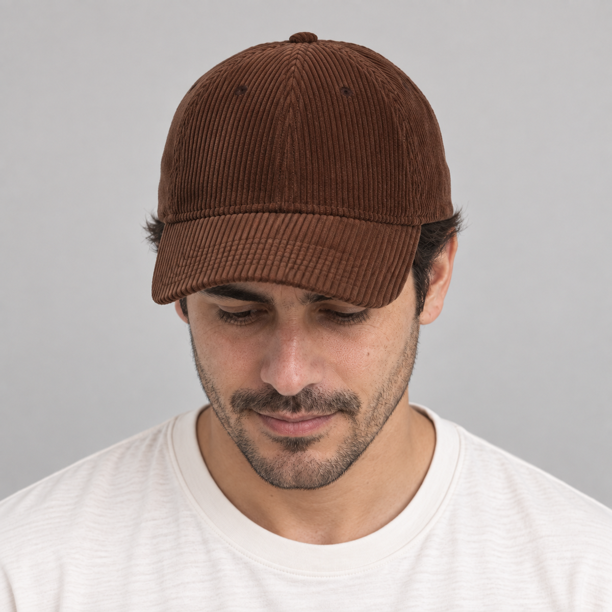 Gorro Gamuza café oscuro, mirando hacia abajo en modelo hombre