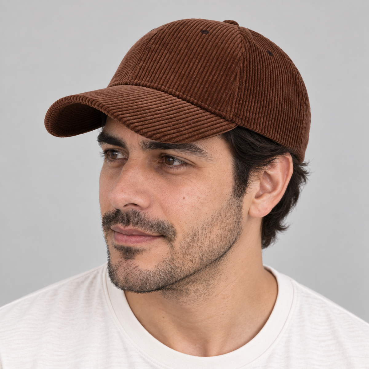 Gorro Gamuza café oscuro, detalle del diseño en modelo hombre