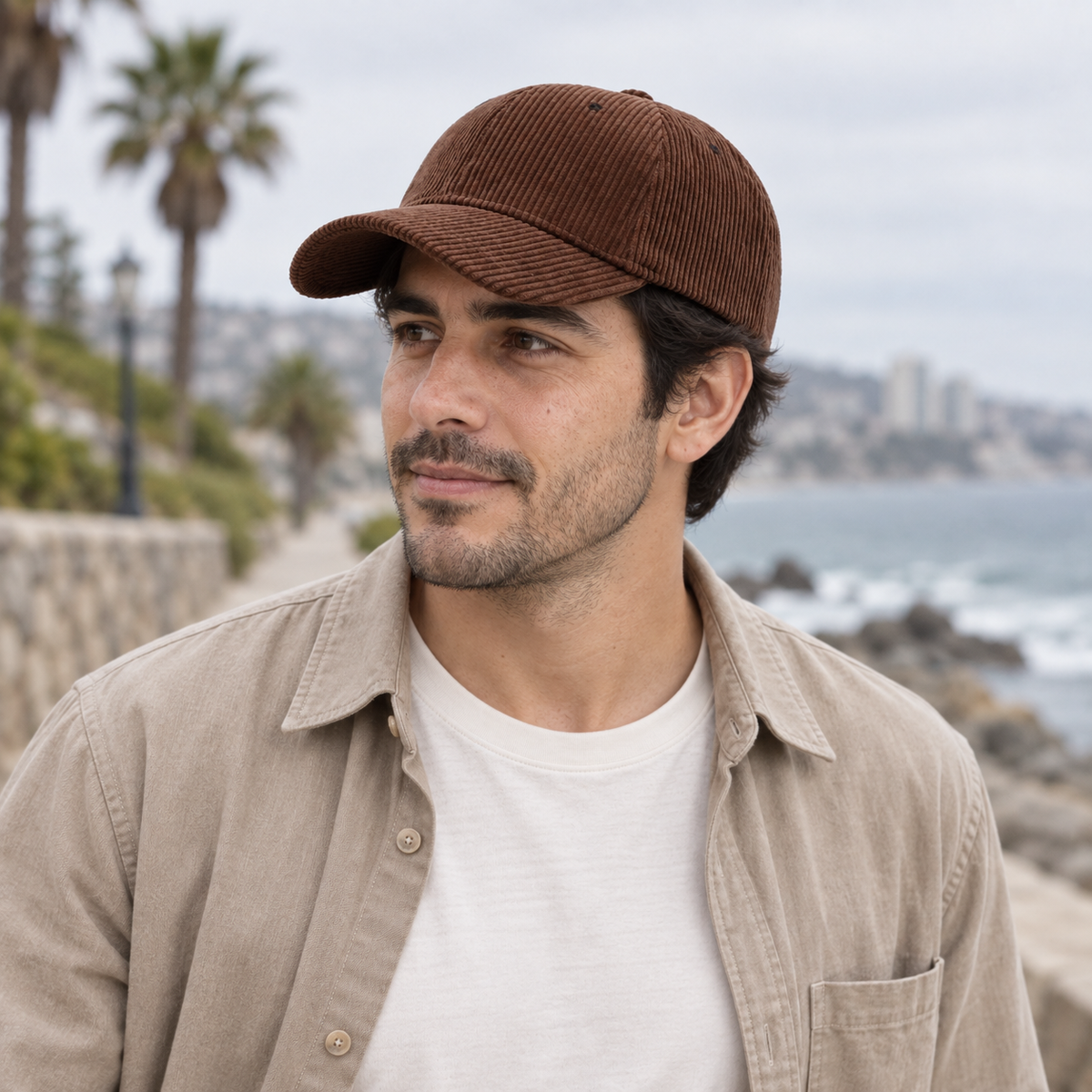 Gorro Gamuza café oscuro, uso cotidiano en Viña del Mar en modelo hombre