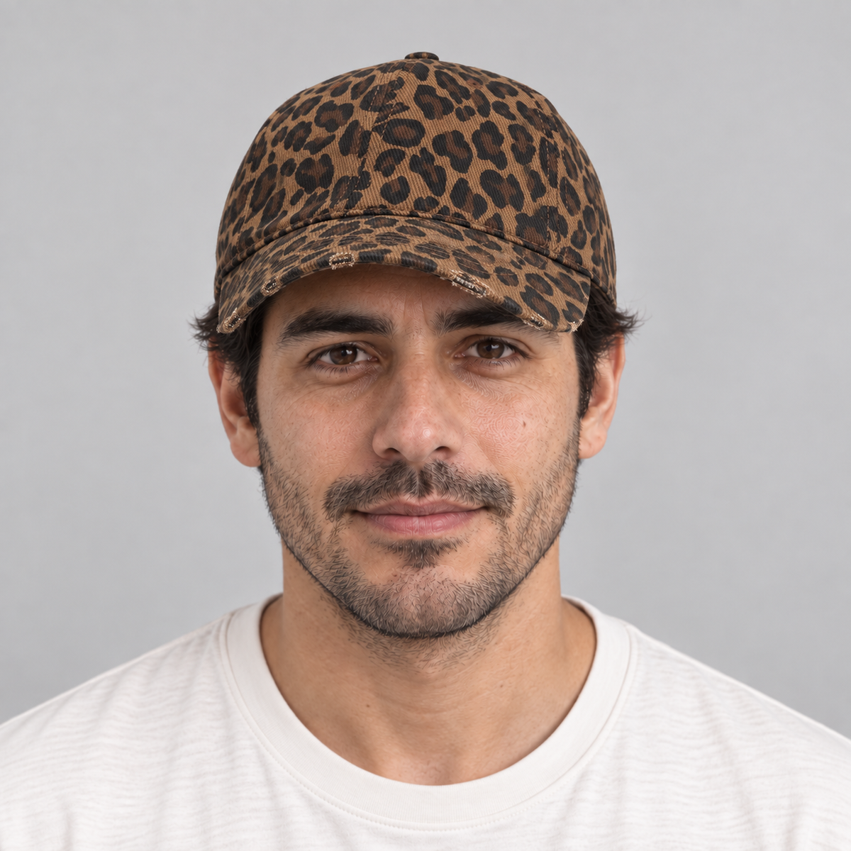 Gorro Leopardo café oscuro, vista frontal en modelo hombre