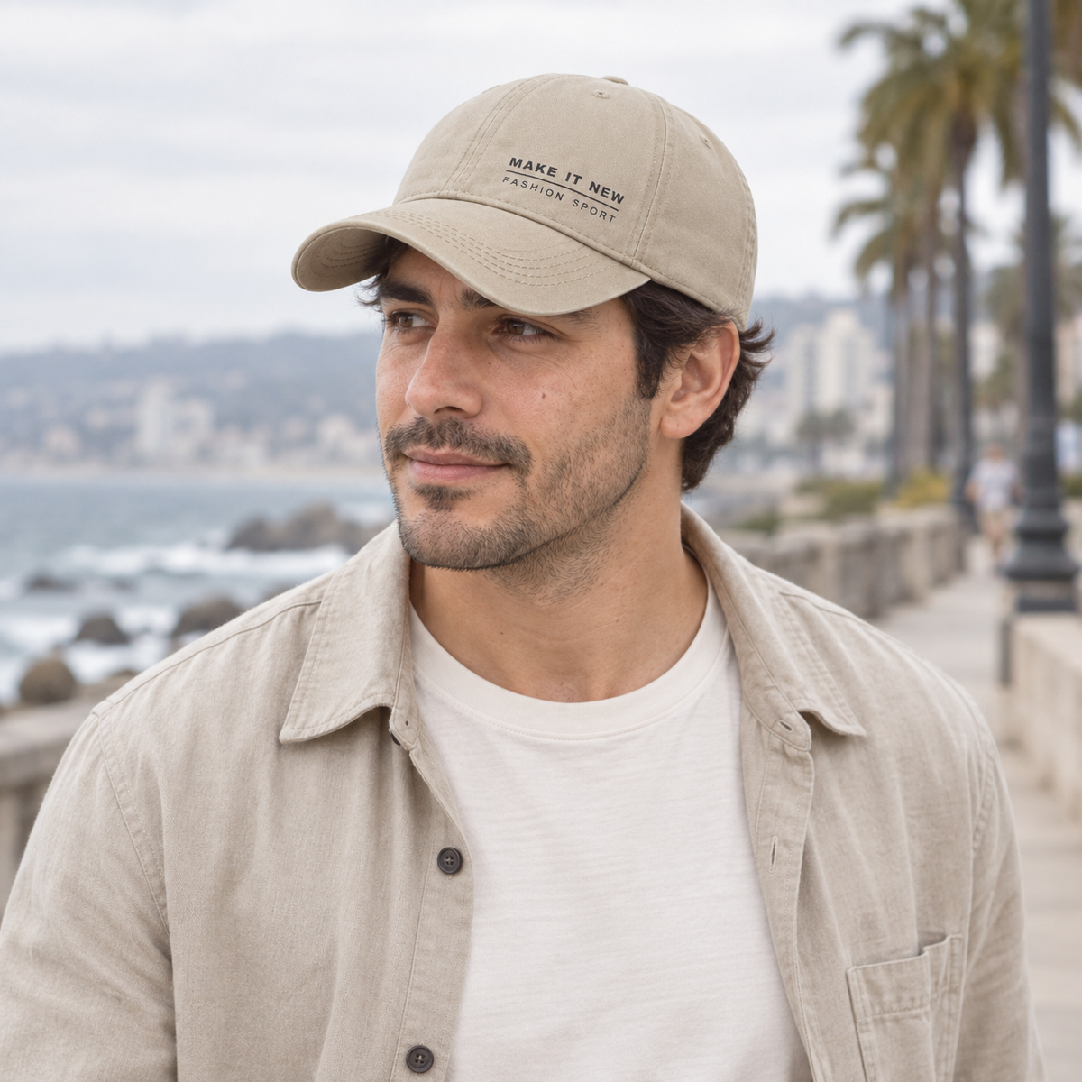 Gorro Make It New beige, uso cotidiano en Viña del Mar en modelo hombre