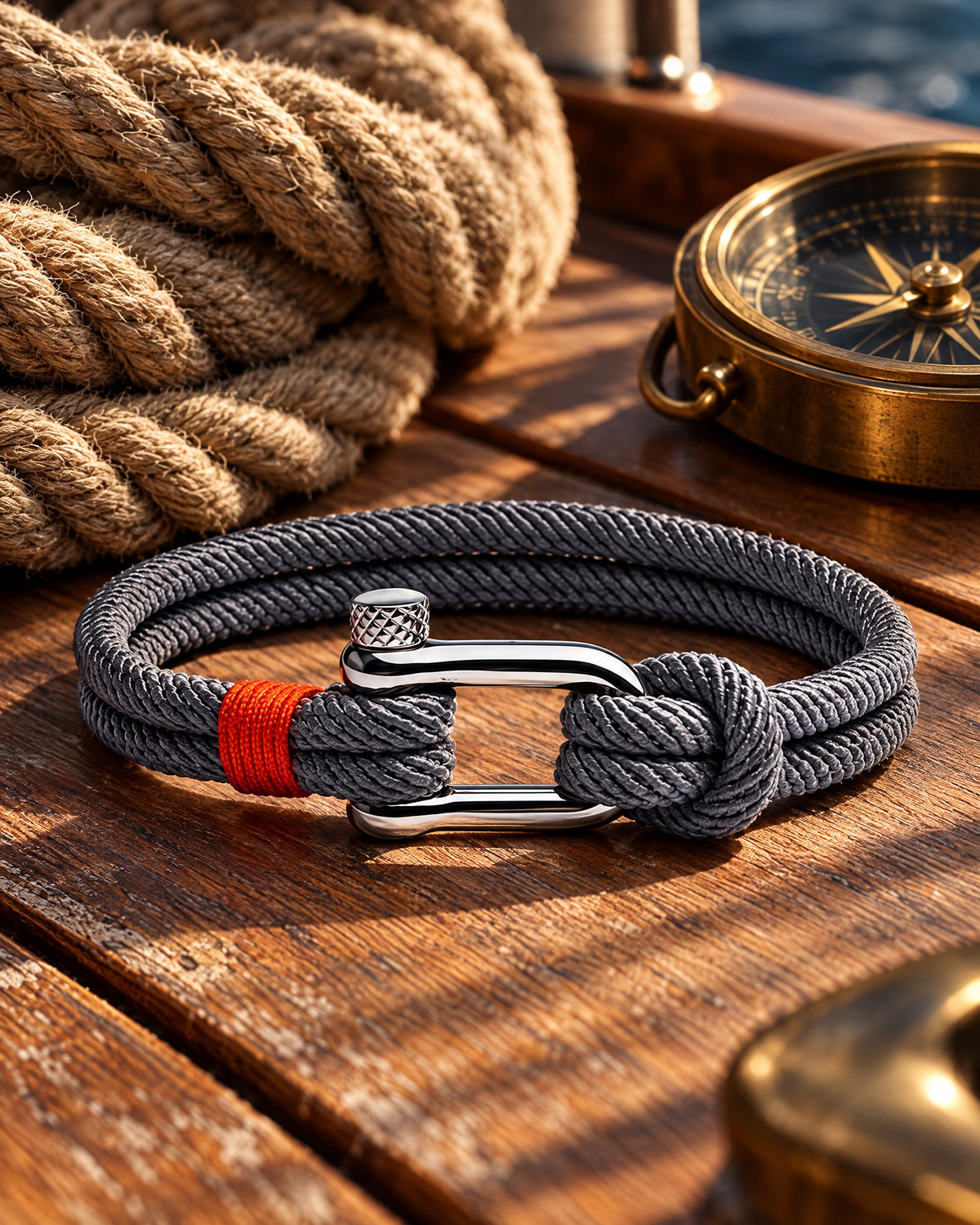 Pulsera Náutica Malibu Gris, pulsera de cuerda de Studio Kyo® – foto de estudio sobre cubierta de barco