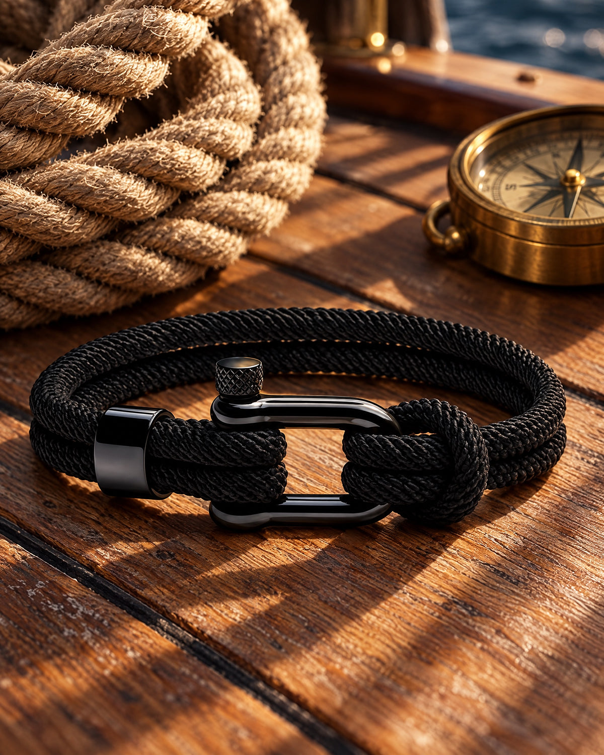 Pulsera Náutica Malibu Negra, pulsera de cuerda de Studio Kyo® – foto de estudio sobre cubierta de barco