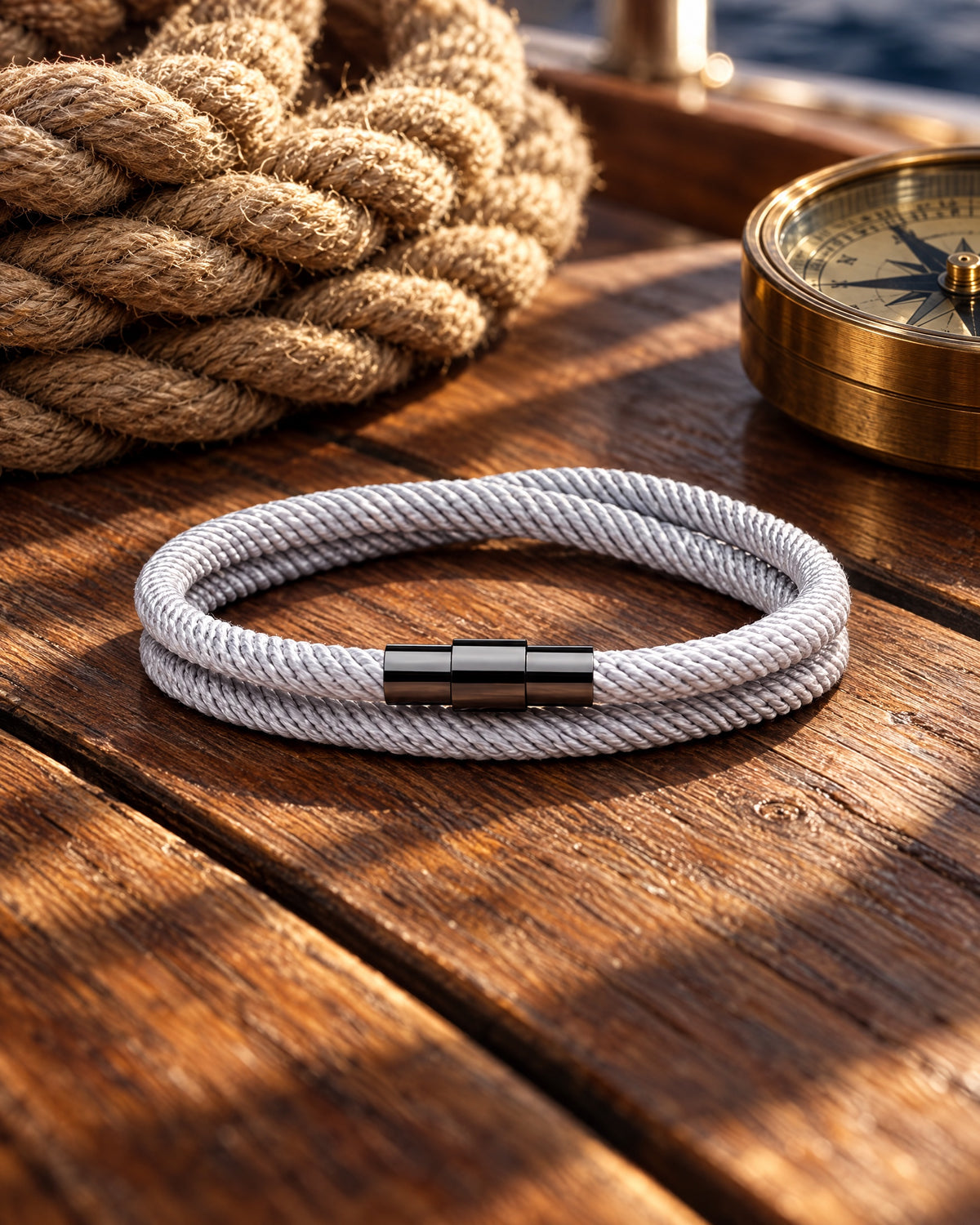 Pulsera Wave Gris, pulsera de cuerda de Studio Kyo® – foto de estudio sobre cubierta de barco