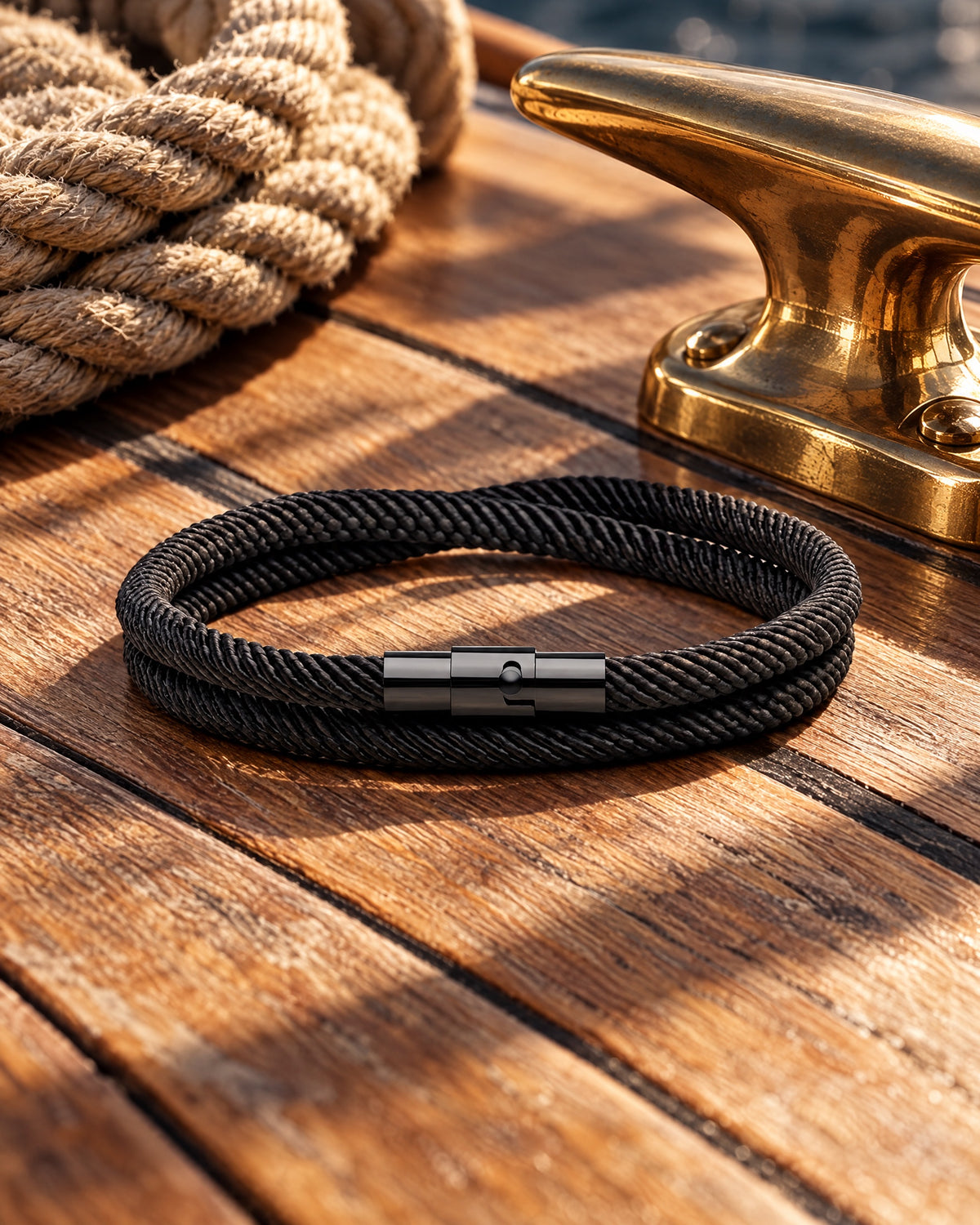 Pulsera Wave Negra, pulsera de cuerda de Studio Kyo® – foto de estudio sobre cubierta de barco
