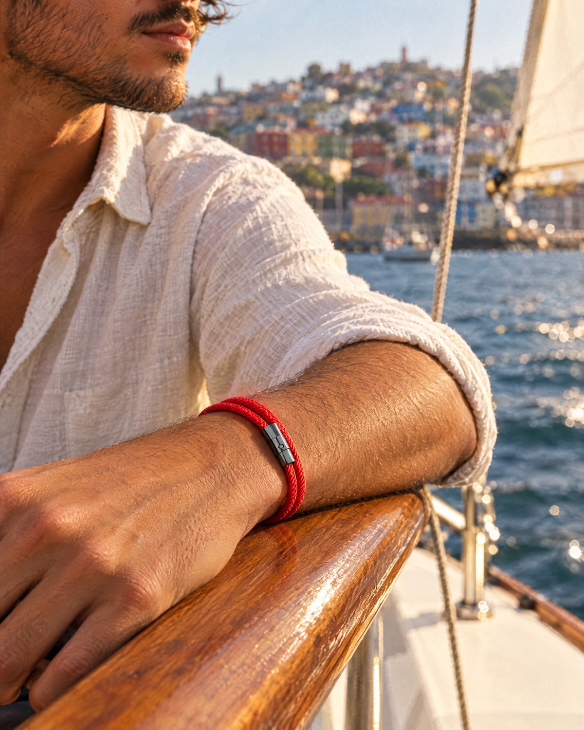 Pulsera Wave Roja, pulsera de cuerda de Studio Kyo® – puesta en la muñeca