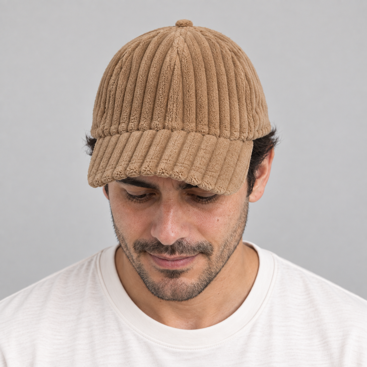 Gorro Cotelé camello, mirando hacia abajo en modelo hombre
