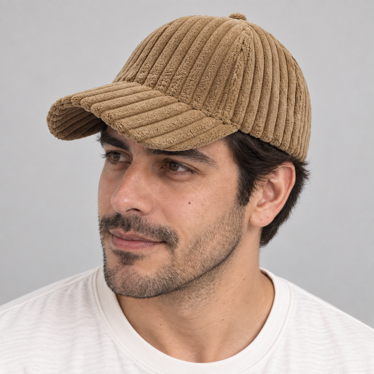 Gorro Cotelé camello, detalle del diseño en modelo hombre