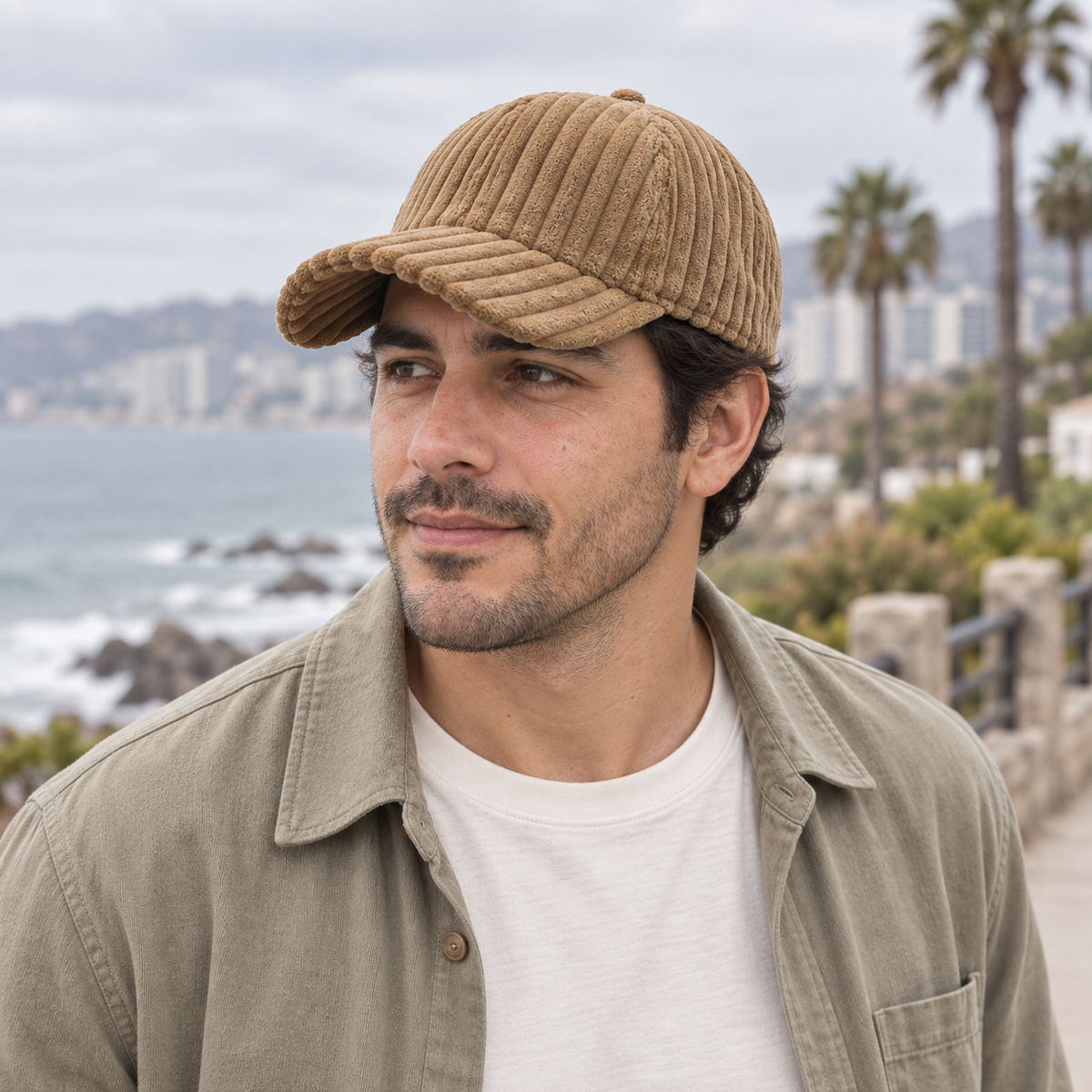 Gorro Cotelé camello, uso cotidiano en Viña del Mar en modelo hombre