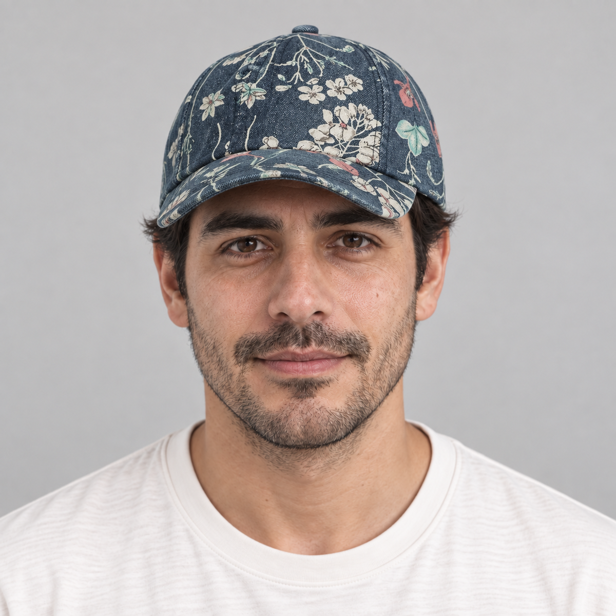 Gorro Floral azul, vista frontal en modelo hombre