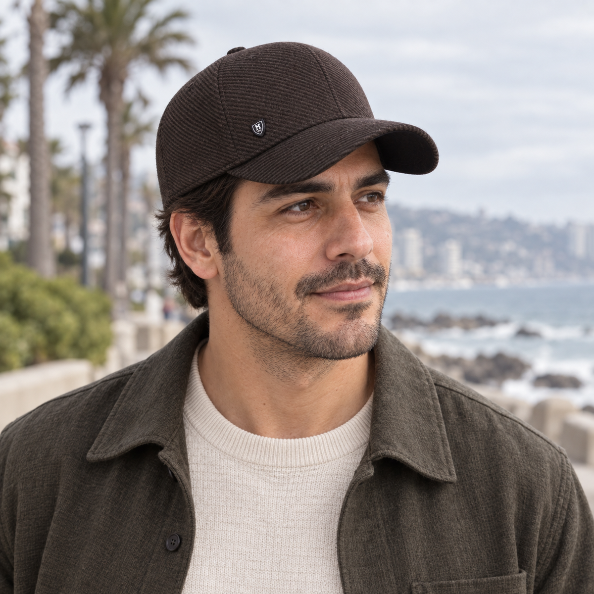 Gorro Invierno Fleece café oscuro, uso cotidiano en Viña del Mar en modelo hombre